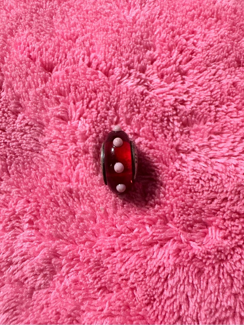 Pandora Red Glass charm with pink  Dot Accents